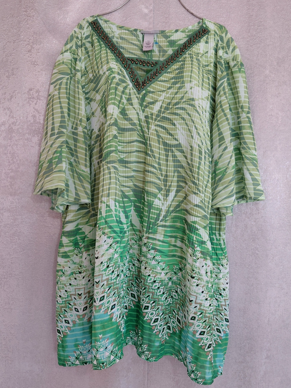 Catherines Plus Sz 3x 26/28w Green Palm Leaf Tunic Top Beaded Neck Boho Swmmer .